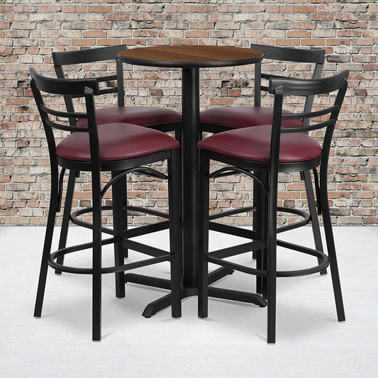 24'' Round Walnut Laminate Table Set with X-Base and 4 Two-Slat Ladder Back Metal Barstools - Burgundy Vinyl Seat