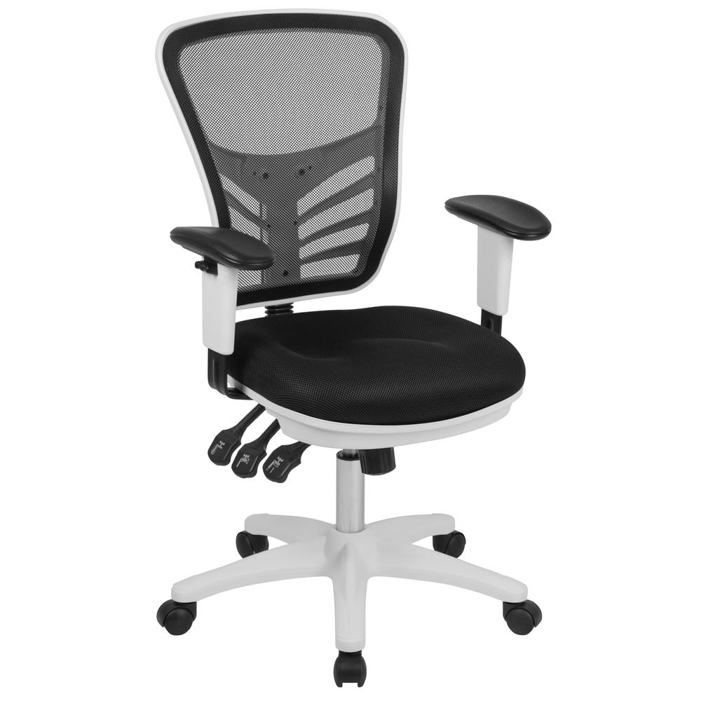 Mid-Back Black Mesh Multifunction Executive Swivel Ergonomic Office Chair with Adjustable Arms and White Frame