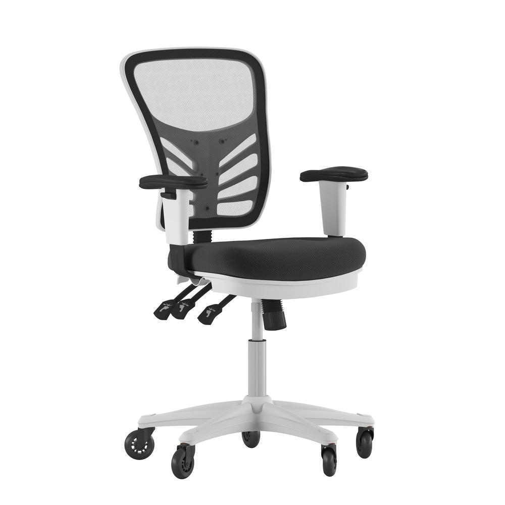 Nicholas Mid-Back Black Mesh Multifunction Executive Ergonomic Office Chair with Adjustable Arms, Transparent Roller Wheels, and White Frame