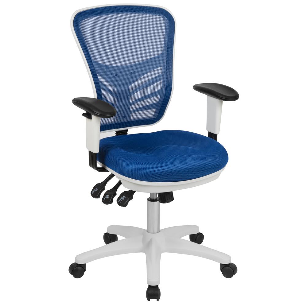 Mid-Back Blue Mesh Multifunction Executive Swivel Ergonomic Office Chair with Adjustable Arms and White Frame