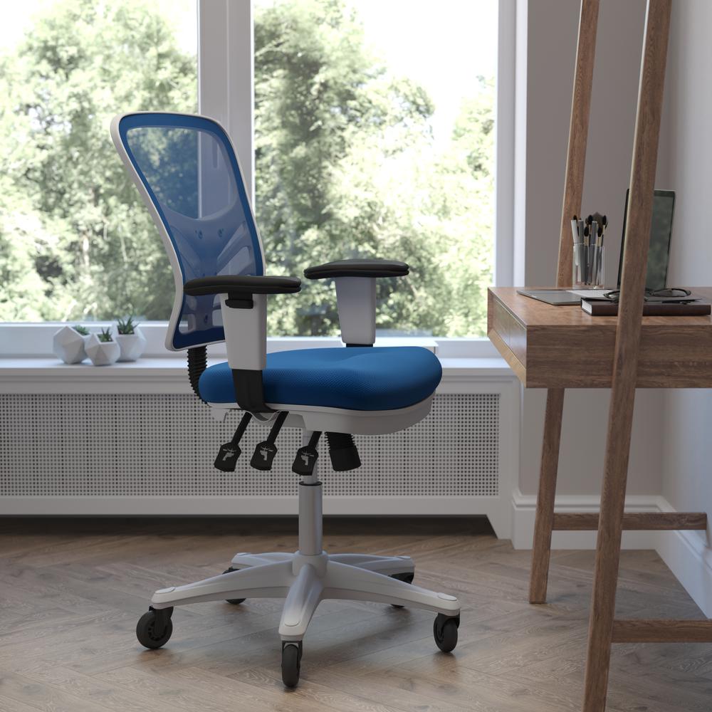 Nicholas Mid-Back Blue Mesh Multifunction Executive Ergonomic Office Chair with Adjustable Arms, Transparent Roller Wheels, and White Frame