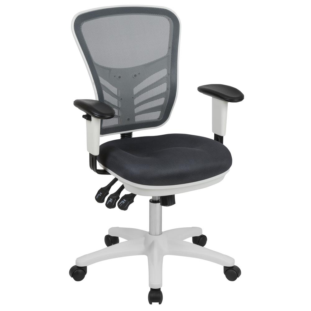 Mid-Back Dark Gray Mesh Multifunction Executive Swivel Ergonomic Office Chair with Adjustable Arms and White Frame