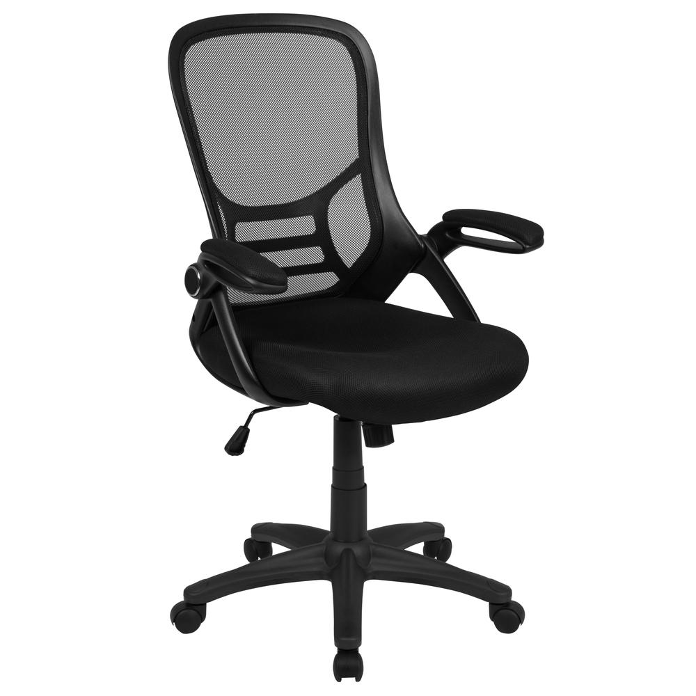 High Back Black Mesh Ergonomic Swivel Office Chair with Black Frame and Flip-up Arms