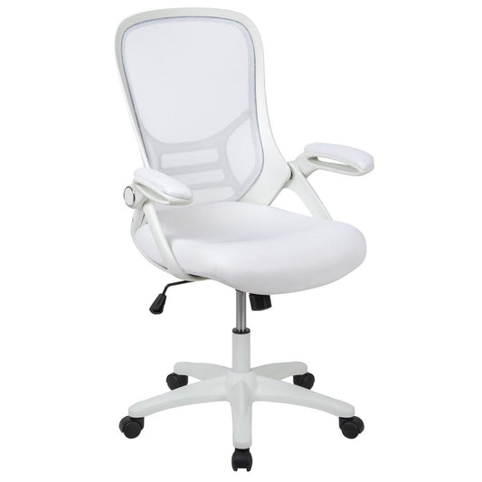 High Back White Mesh Ergonomic Swivel Office Chair with White Frame and Flip-up Arms