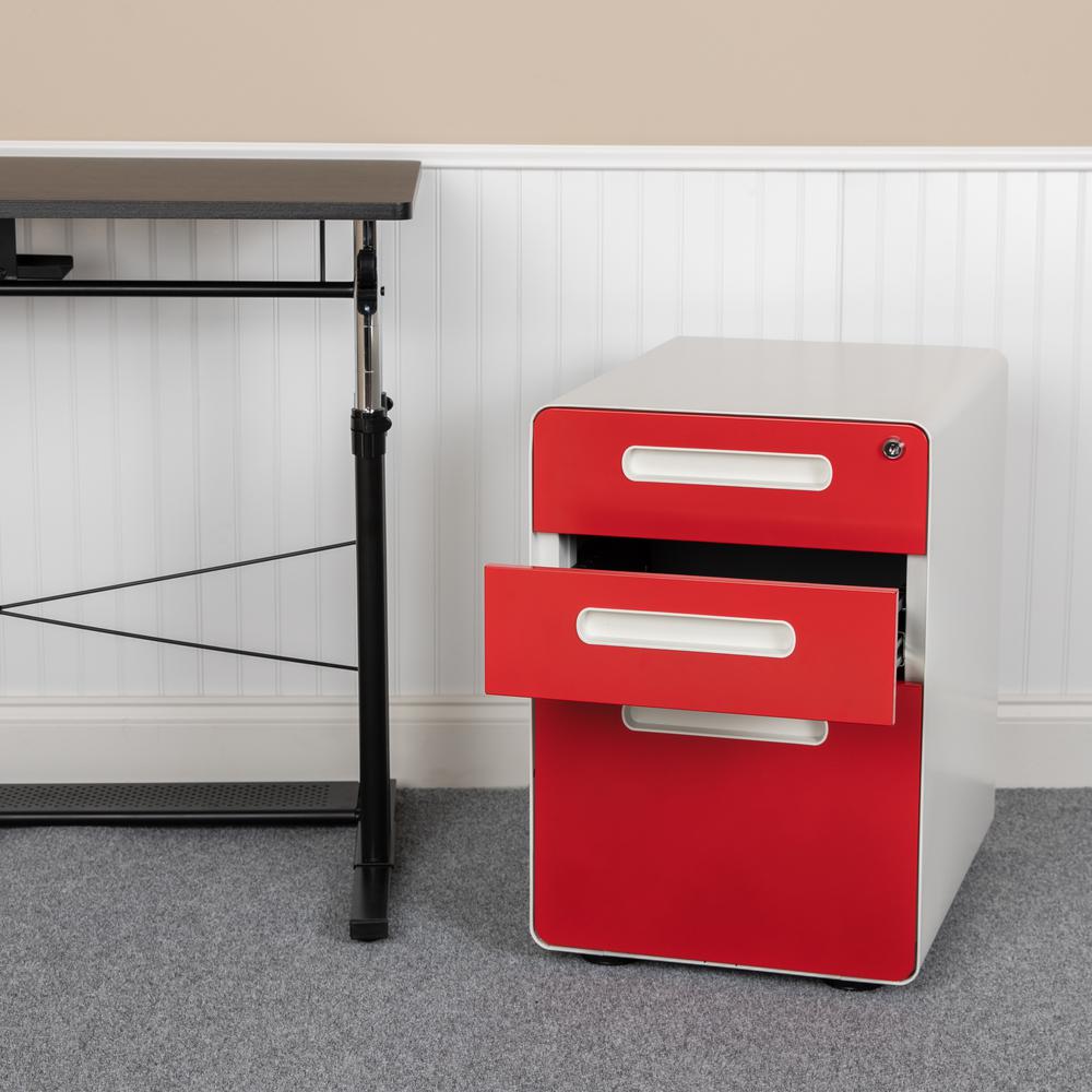 Ergonomic 3-Drawer Mobile Locking Filing Cabinet with Anti-Tilt Mechanism & Letter/Legal Drawer, White with Red Faceplate