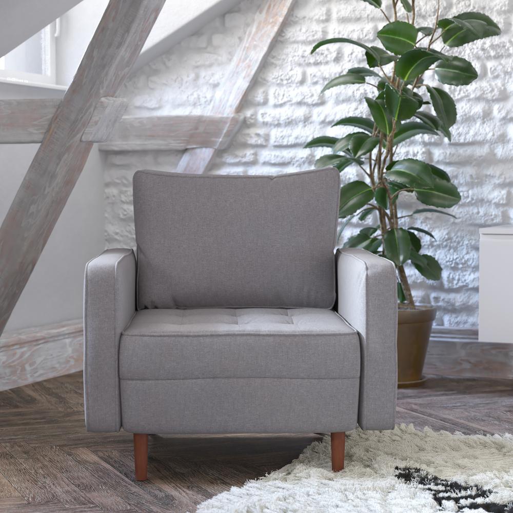 Hudson Mid-Century Modern Commercial Grade Armchair with Tufted Faux Linen Upholstery & Solid Wood Legs in Slate Gray