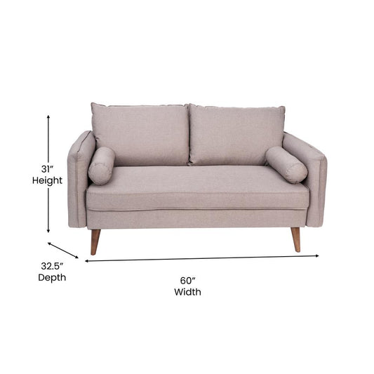 Evie Mid-Century Modern Loveseat Sofa with Faux Linen Fabric Upholstery & Solid Wood Legs in Taupe