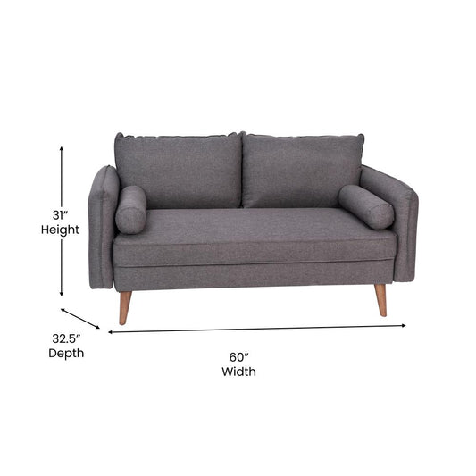 Evie Mid-Century Modern Loveseat Sofa with Faux Linen Fabric Upholstery & Solid Wood Legs in Stone Gray