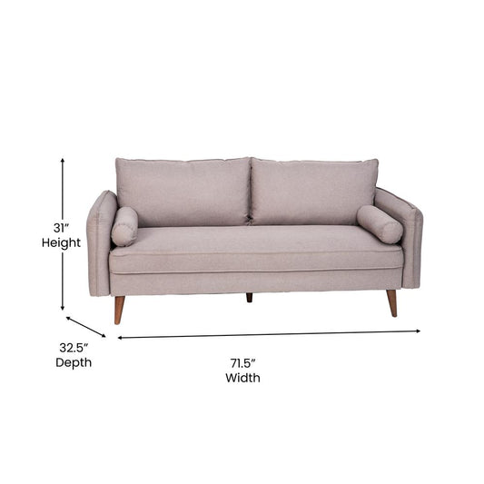 Evie Mid-Century Modern Sofa with Faux Linen Fabric Upholstery & Solid Wood Legs in Taupe