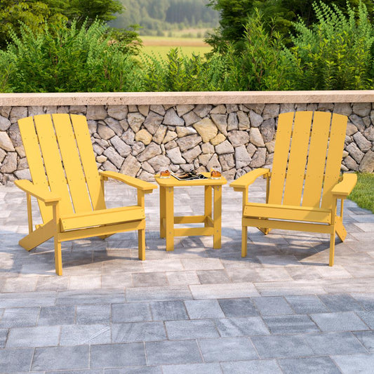 2 Pack Charlestown All-Weather Poly Resin Wood Adirondack Chairs with Side Table in Yellow