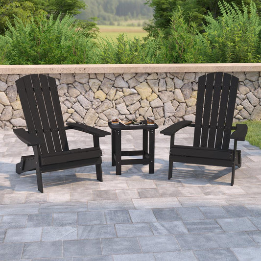 2 Pack Charlestown All-Weather Poly Resin Folding Adirondack Chairs with Side Table in Black