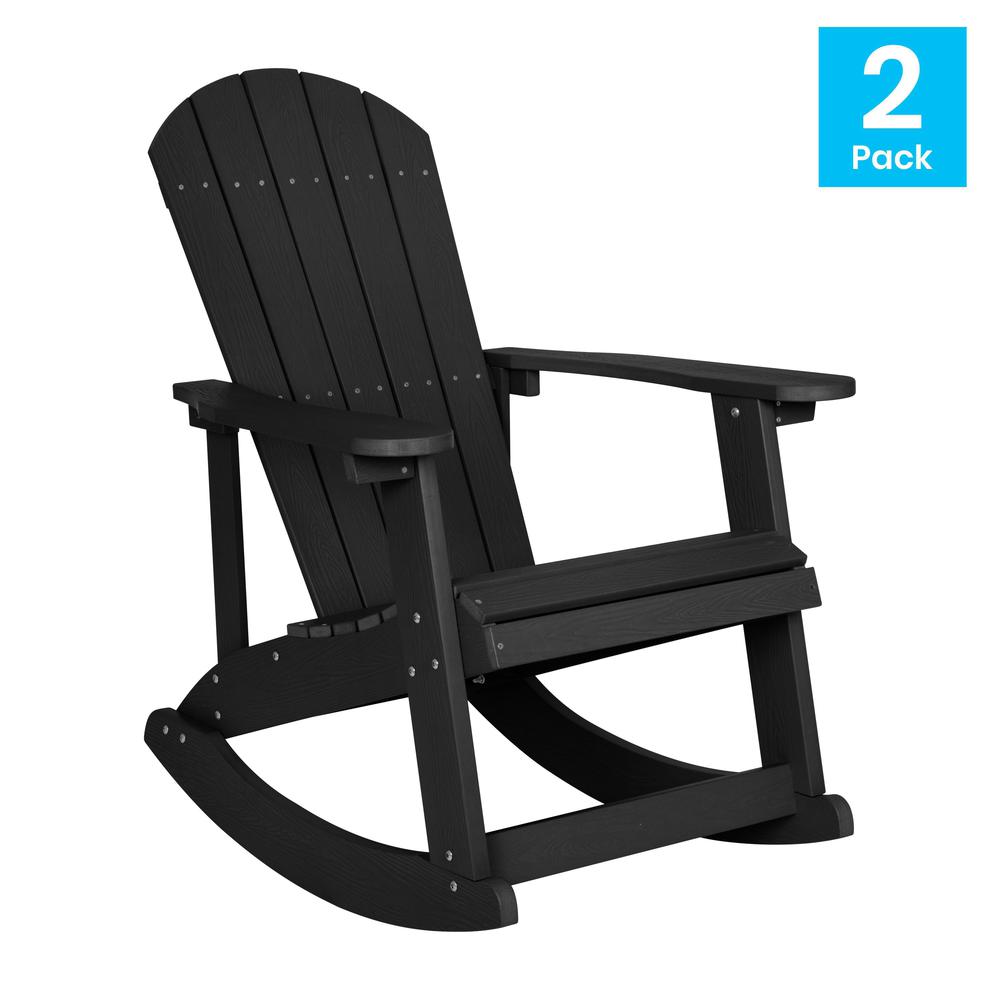 Savannah All-Weather Poly Resin Wood Adirondack Rocking Chair with Rust Resistant Stainless Steel Hardware in Black - Set of 2