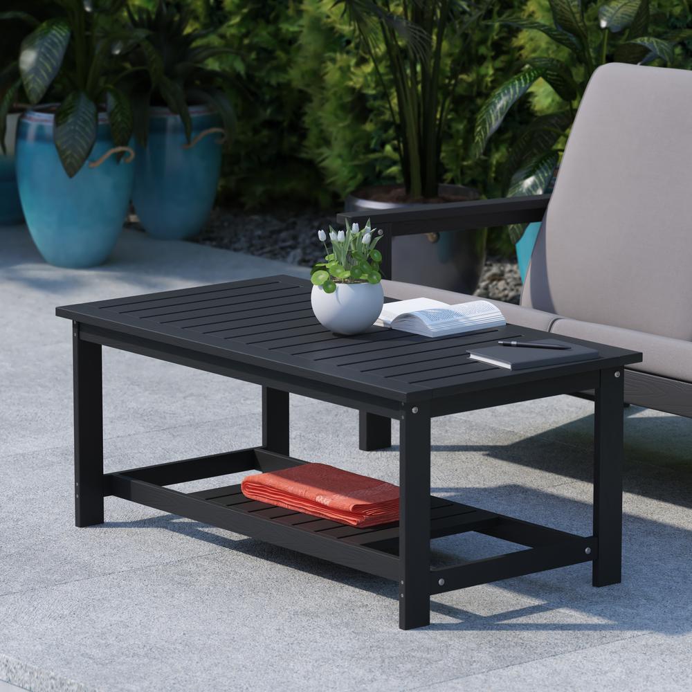 Charlestown All-Weather Poly Resin Wood Two Tiered Adirondack Slatted Coffee Conversation Table in Black