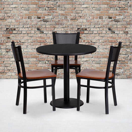 30'' Round Black Laminate Table Set with 3 Grid Back Metal Chairs - Cherry Wood Seat