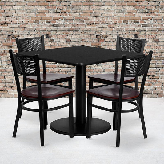 36'' Square Black Laminate Table Set with 4 Grid Back Metal Chairs - Mahogany Wood Seat