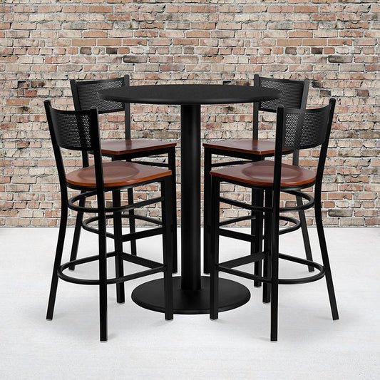 36'' Round Black Laminate Table Set with 4 Grid Back Metal Barstools - Cherry Wood Seat