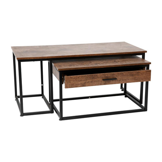 Emerson 2 Piece Modern Nesting Coffee Table Set with Storage Drawer in Walnut Finish with Black Sled Base Metal Frames