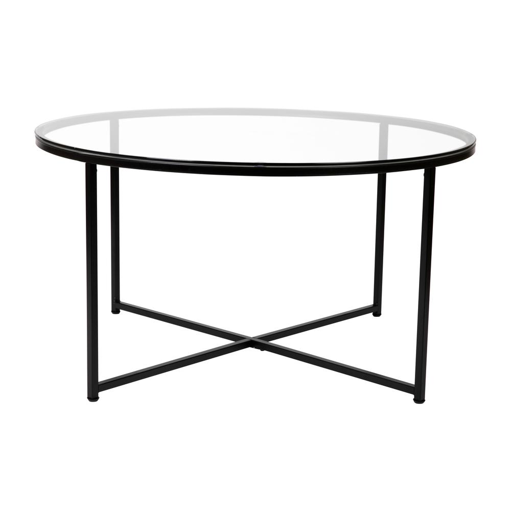 Greenwich Collection Coffee Table - Modern Clear Glass Accent Table with Crisscross Matte Black Frame