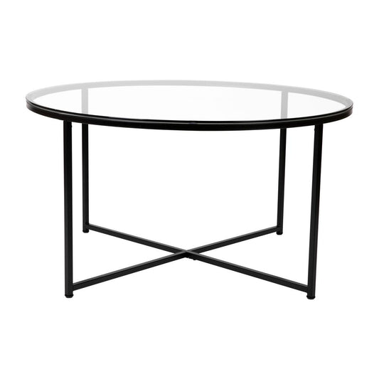 Greenwich Collection Coffee Table - Modern Clear Glass Accent Table with Crisscross Matte Black Frame