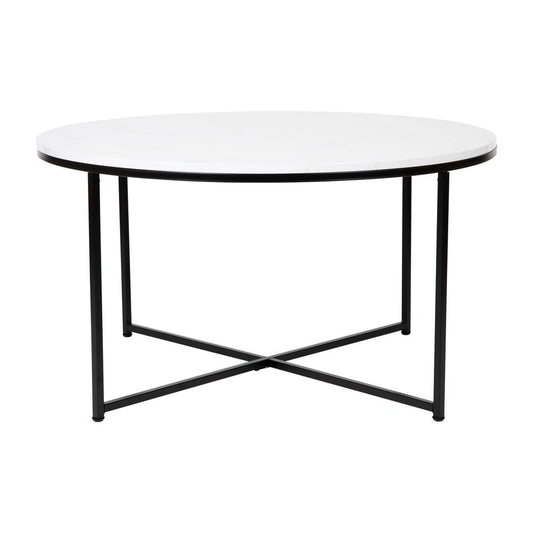 Hampstead Collection Coffee Table - Modern White Marble Finish Accent Table with Crisscross Matte Black Frame