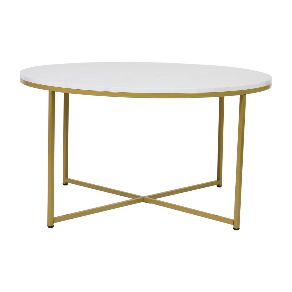 Hampstead Collection Coffee Table - Modern White Marble Finish Accent Table with Crisscross Matte Gold Frame