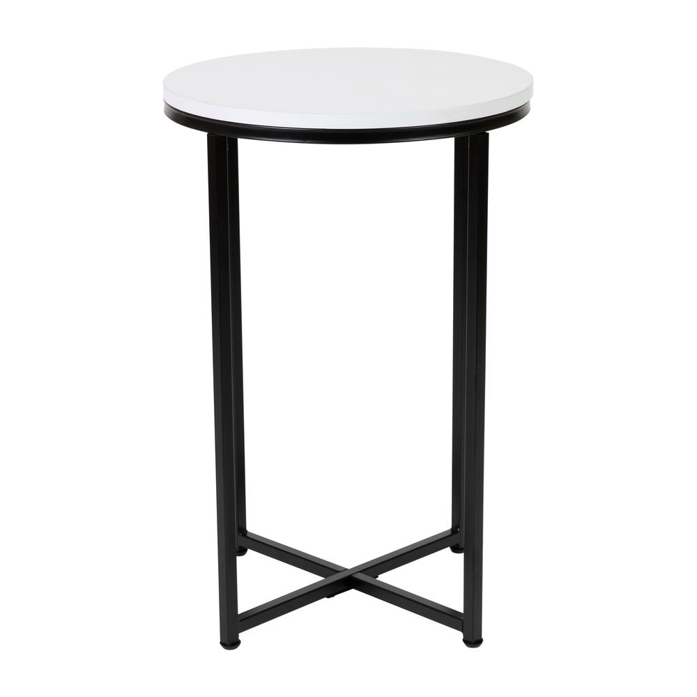 Hampstead Collection End Table - Modern White Finish Accent Table with Crisscross Matte Black Frame