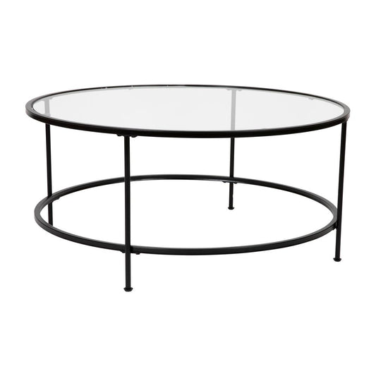 Astoria Collection Round Coffee Table - Modern Clear Glass Coffee Table with Matte Black Frame