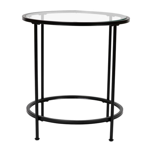 Astoria Collection Round End Table - Modern Clear Glass Accent Table with Matte Black Frame