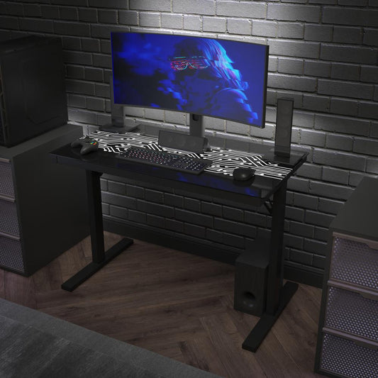 Shan 43" Commercial Grade Gaming Desk with LED Lights, Tempered Glass Desktop, Home or Office Computer Table, Steel Frame with LED Light Remote, Black