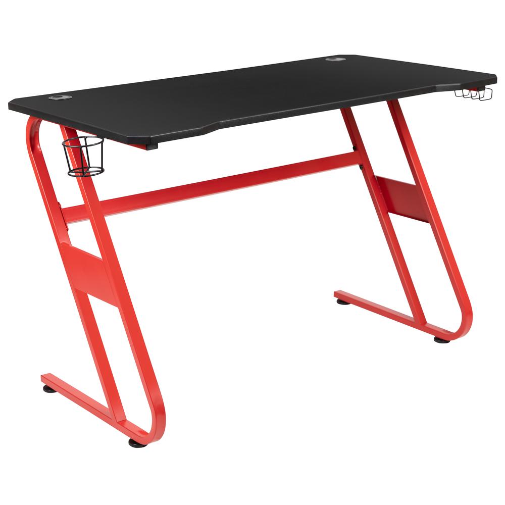 Red Gaming Ergonomic Desk with Cup Holder and Headphone Hook