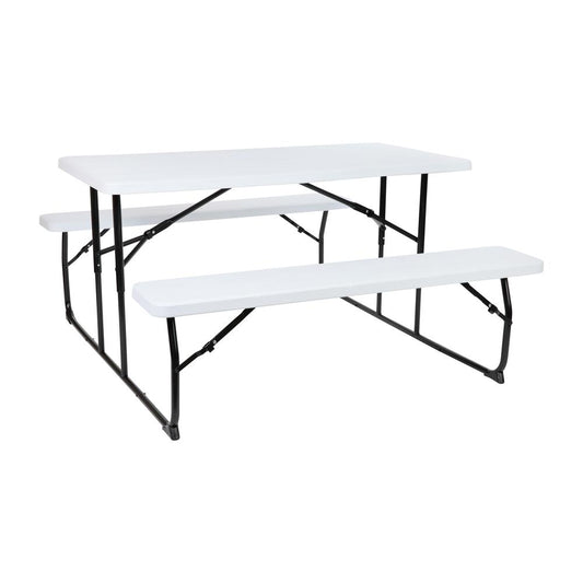 Insta-Fold White Wood Grain Folding Picnic Table and Benches - 4.5 Foot Folding Table