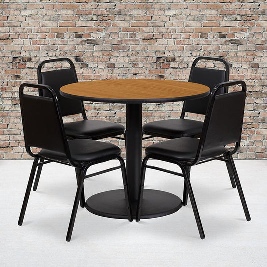 36'' Round Natural Laminate Table Set with Round Base and 4 Black Trapezoidal Back Banquet Chairs