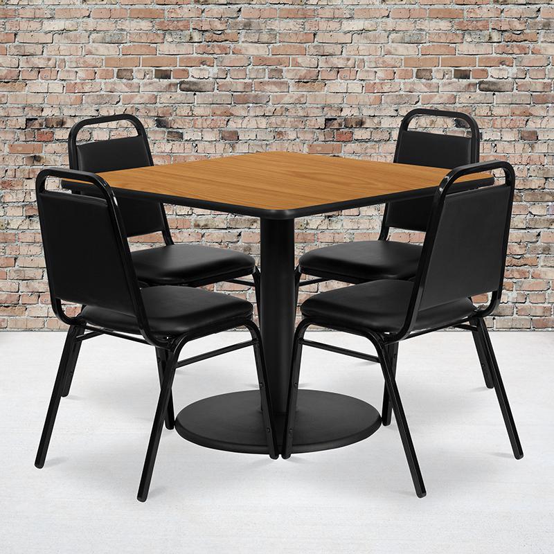 36'' Square Natural Laminate Table Set with Round Base and 4 Black Trapezoidal Back Banquet Chairs