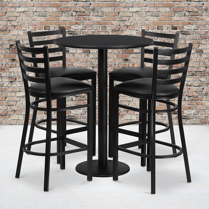 30'' Round Black Laminate Table Set with Round Base and 4 Ladder Back Metal Barstools - Black Vinyl Seat