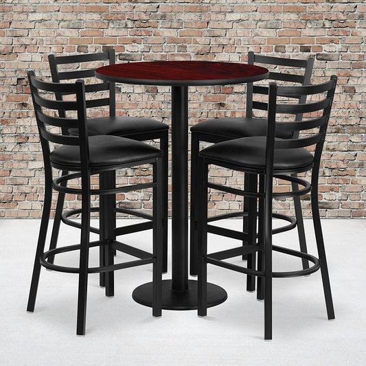 30'' Round Mahogany Laminate Table Set with Round Base and 4 Ladder Back Metal Barstools - Black Vinyl Seat