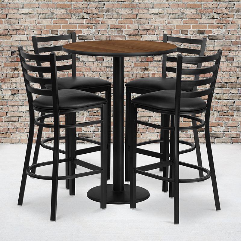 30'' Round Walnut Laminate Table Set with Round Base and 4 Ladder Back Metal Barstools - Black Vinyl Seat