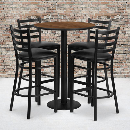 30'' Round Walnut Laminate Table Set with Round Base and 4 Ladder Back Metal Barstools - Black Vinyl Seat