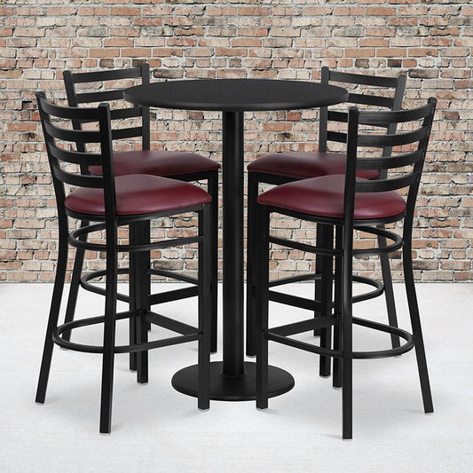 30'' Round Black Laminate Table Set with Round Base and 4 Ladder Back Metal Barstools - Burgundy Vinyl Seat