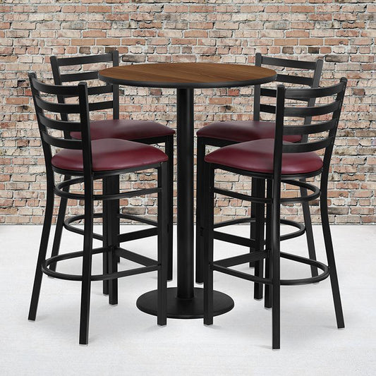 30'' Round Walnut Laminate Table Set with Round Base and 4 Ladder Back Metal Barstools - Burgundy Vinyl Seat