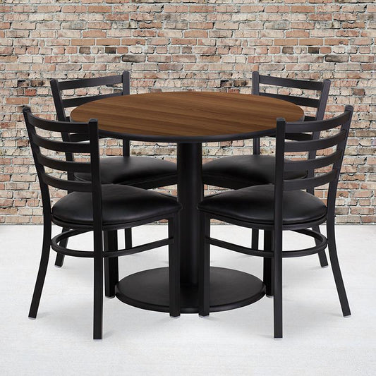 36'' Round Walnut Laminate Table Set with Round Base and 4 Ladder Back Metal Chairs - Black Vinyl Seat