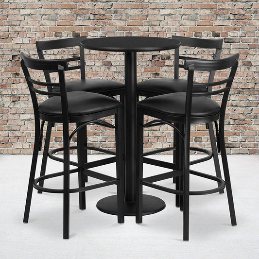 24'' Round Black Laminate Table Set with Round Base and 4 Two-Slat Ladder Back Metal Barstools - Black Vinyl Seat