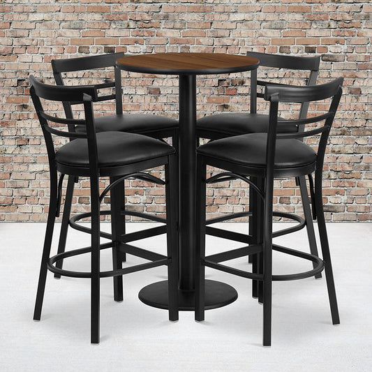 24'' Round Walnut Laminate Table Set with Round Base and 4 Two-Slat Ladder Back Metal Barstools - Black Vinyl Seat