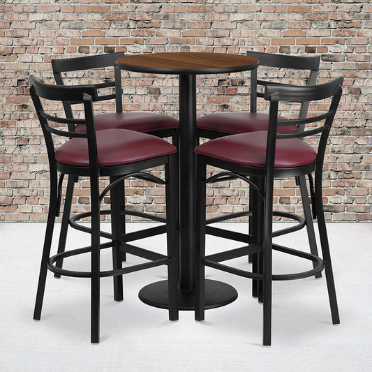 24'' Round Walnut Laminate Table Set with Round Base and 4 Two-Slat Ladder Back Metal Barstools - Burgundy Vinyl Seat