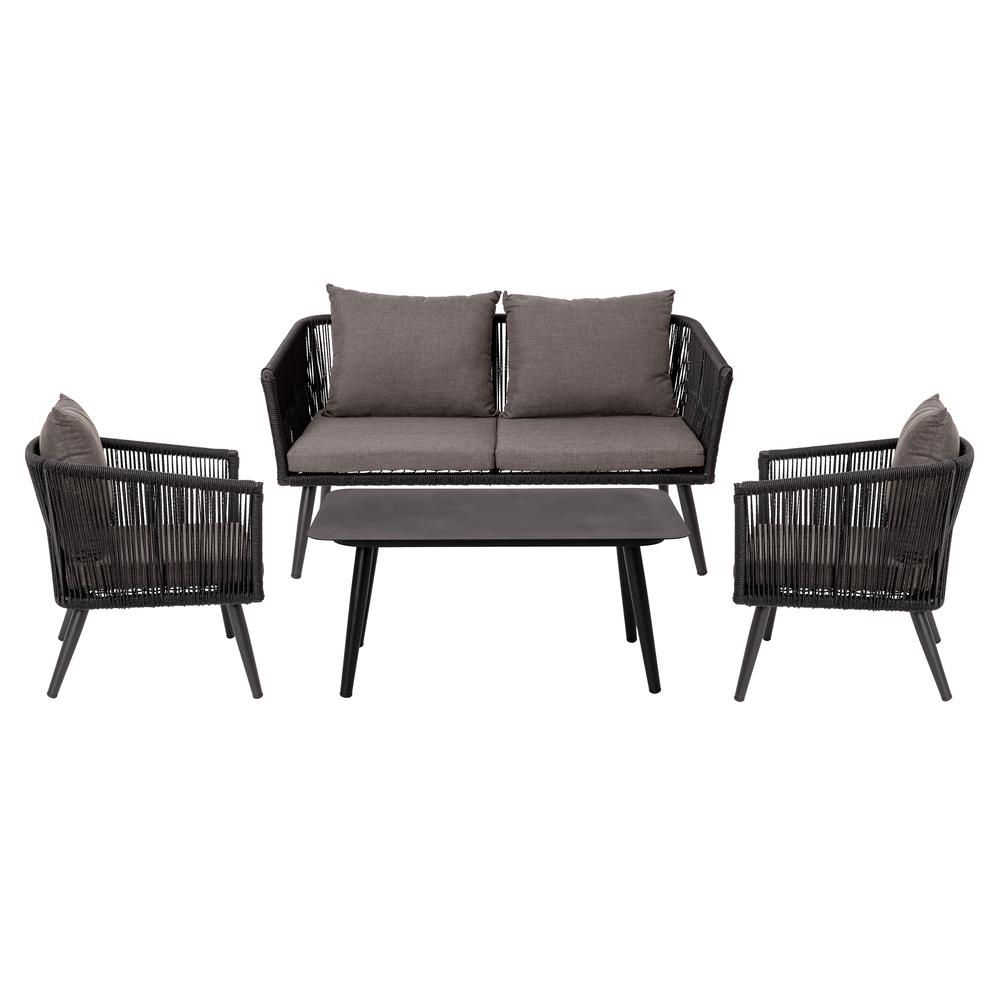 Kierra Black All-Weather 4-Piece Woven Conversation Set with Gray Zippered Removable Cushions & Metal Coffee Table