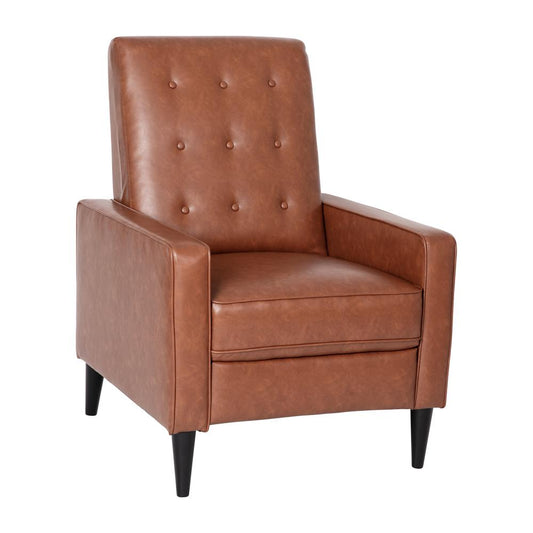 Ezra Mid-Century Modern LeatherSoft Upholstered Button Tufted Pushback Recliner in Cognac Brown for Residential & Commercial Use