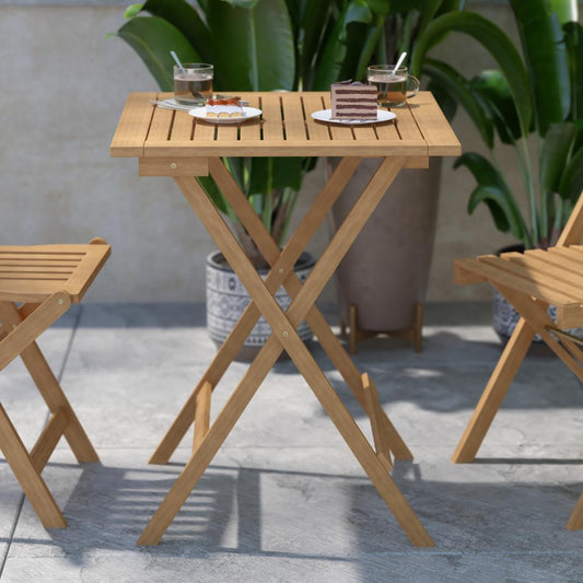 Martindale Solid Acacia Wood 24 Inch Square Portable Folding Patio Table with Slatted Top and X Shaped Frame in Natural