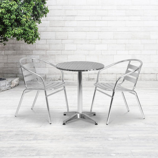 Commercial Aluminum Indoor-Outdoor Restaurant Stack Chair with Triple Slat Back and Arms