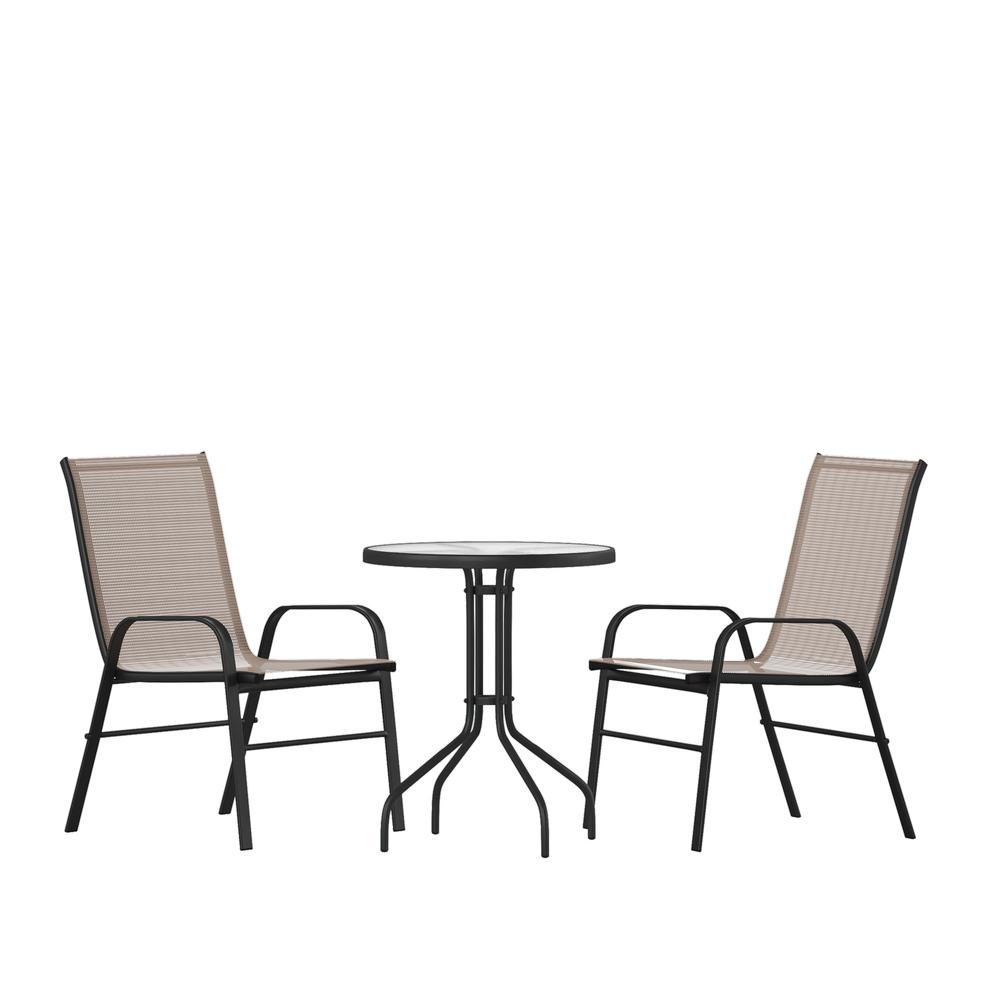 3 Piece Outdoor Patio Dining Set - 23.75" Round Tempered Glass Patio Table, 2 Brown Flex Comfort Stack Chairs