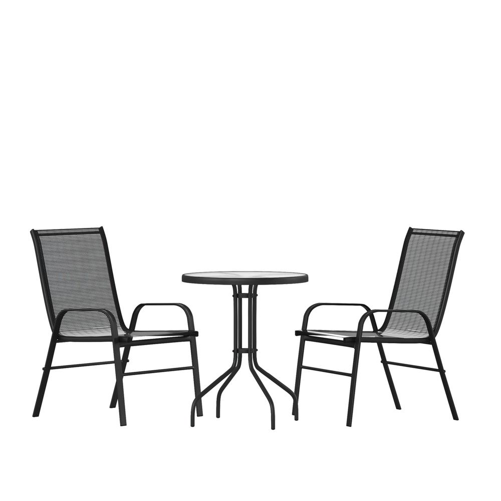 3 Piece Outdoor Patio Dining Set - 23.75" Round Tempered Glass Patio Table, 2 Black Flex Comfort Stack Chairs