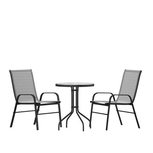 3 Piece Outdoor Patio Dining Set - 23.75" Round Tempered Glass Patio Table, 2 Gray Flex Comfort Stack Chairs